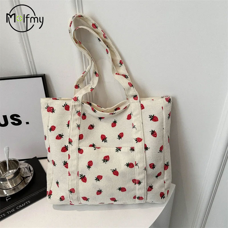 Women Bags White - Corduroy Handbag Strawberries Beach Bag Fashionable